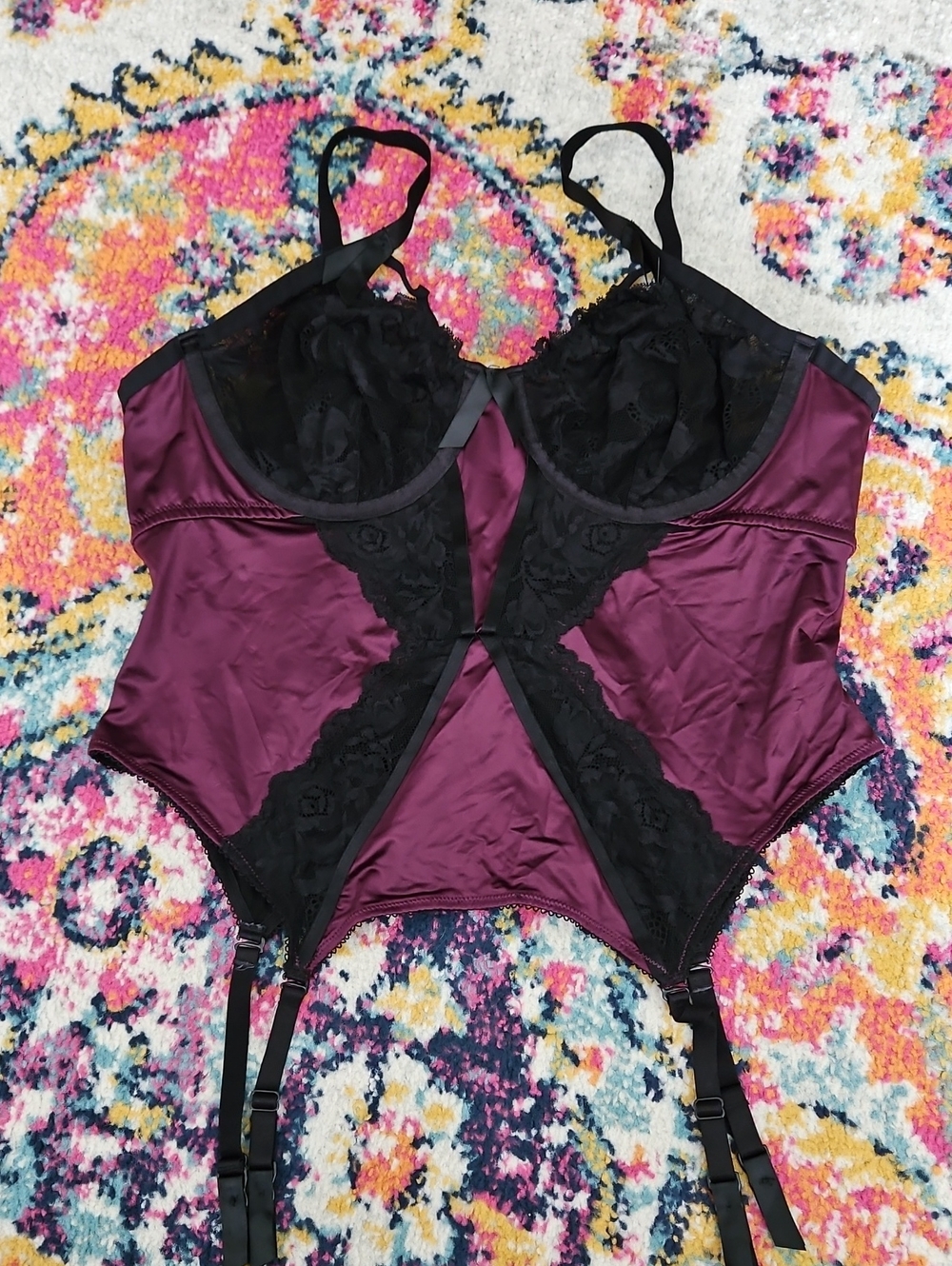 Torrid Plum Satin & Black Lace Bustier with Garters Size 0